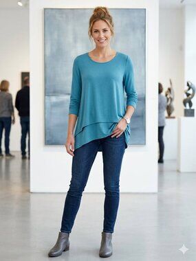 Soft Surroundings Women Size M Aqua Perfect Layers Jersey Knit Tiered Tunic Top